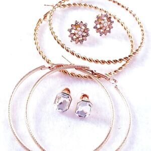 4 Sets of Women's Gold Tone Pierced Earrings Hoops Studs